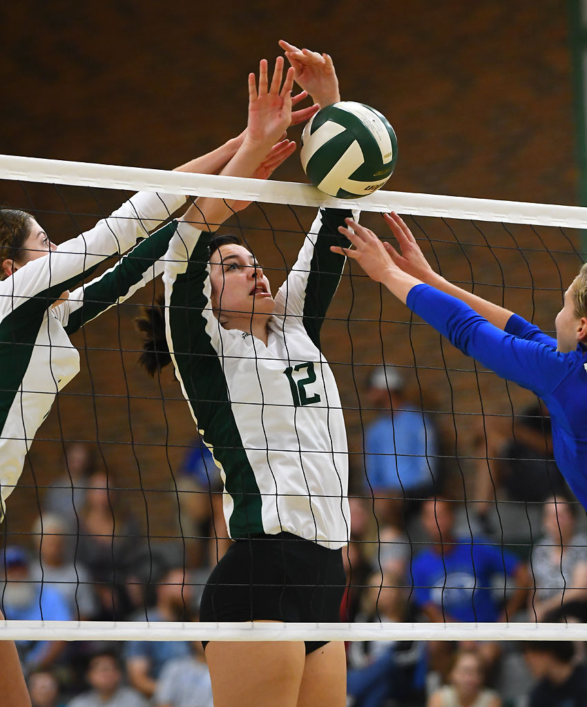Rock Bridge player Ketti Horton blocks a Hermann High School hit
